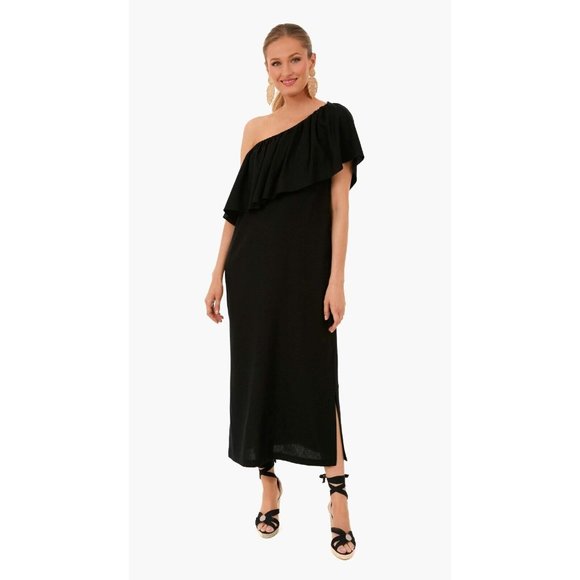 Pomander Place by Tuckernuck Black Florencia One Shoulder Midi Dress Linen sz XS - Picture 6 of 6